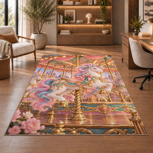 carousel unicorn rug in a home office with wooden shelves