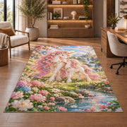 mother and baby unicorn rug in a home office with wooden shelves