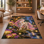 unicorn in an enchanted forest rug in a home office with wooden shelves