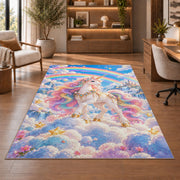 unicorn on clouds with double rainbow rug in a home office with wooden shelves