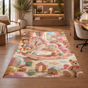 unicorn rocking horse in a playroom rug in a home office with wooden shelves
