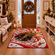 A cheerful gingerbread figure with a green bow pops out of a bold peppermint spiral; rug shown in a Christmas entryway