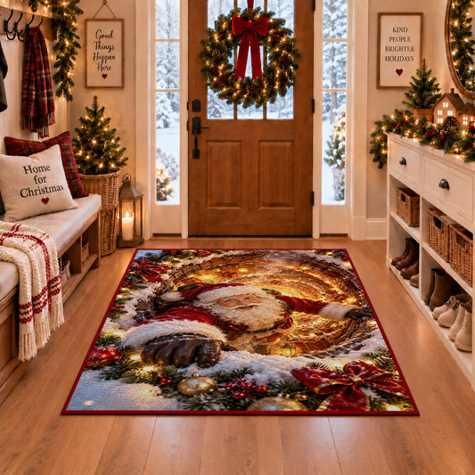 Santa stretches a dark-gloved hand through a glowing golden spiral above snowy evergreen branches; rug shown in a Christmas entryway