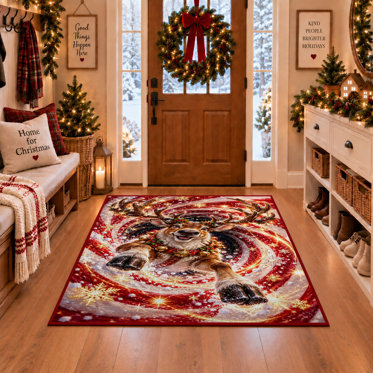 A smiling reindeer with a bell collar emerges from sweeping red and golden spiral rings; rug shown in a Christmas entryway
