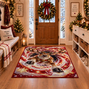 A smiling reindeer with a bell collar emerges from sweeping red and golden spiral rings; rug shown in a Christmas entryway