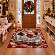 Santa reaches out from a sparkling snow globe containing a miniature snowy village; rug shown in a Christmas entryway
