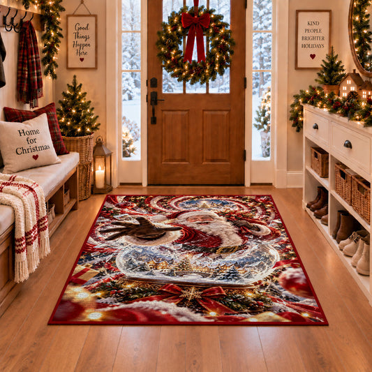 Santa reaches out from a sparkling snow globe containing a miniature snowy village; rug shown in a Christmas entryway