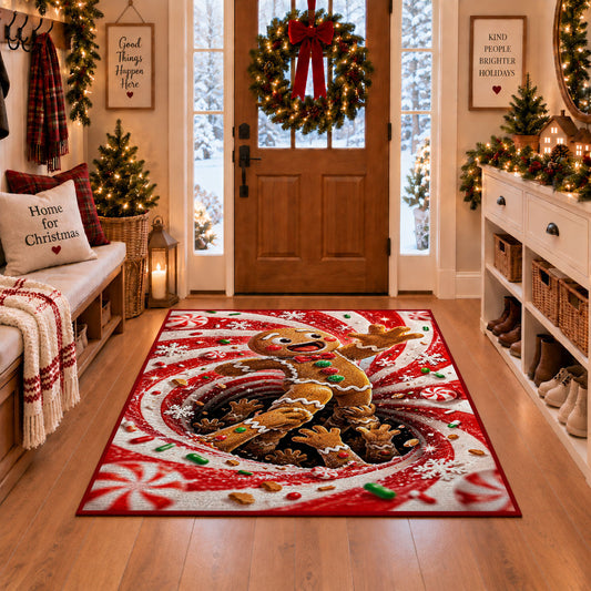 A friendly gingerbread figure steps out of a swirling cookie-filled tunnel; rug shown in a Christmas entryway