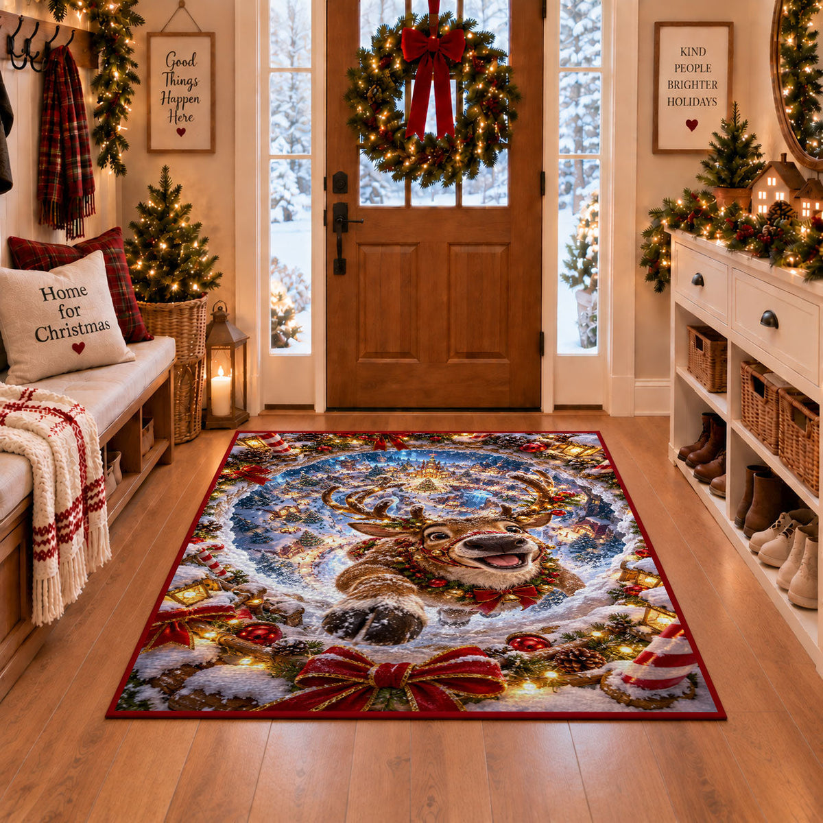 A smiling reindeer emerges from a blue snow spiral surrounded by golden lights and snowy branches; rug shown in a Christmas entryway