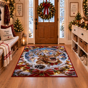 A smiling reindeer emerges from a blue snow spiral surrounded by golden lights and snowy branches; rug shown in a Christmas entryway