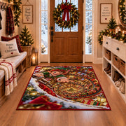 A smiling elf leans over a sweeping spiral of glowing toys and wrapped presents; rug shown in a Christmas entryway