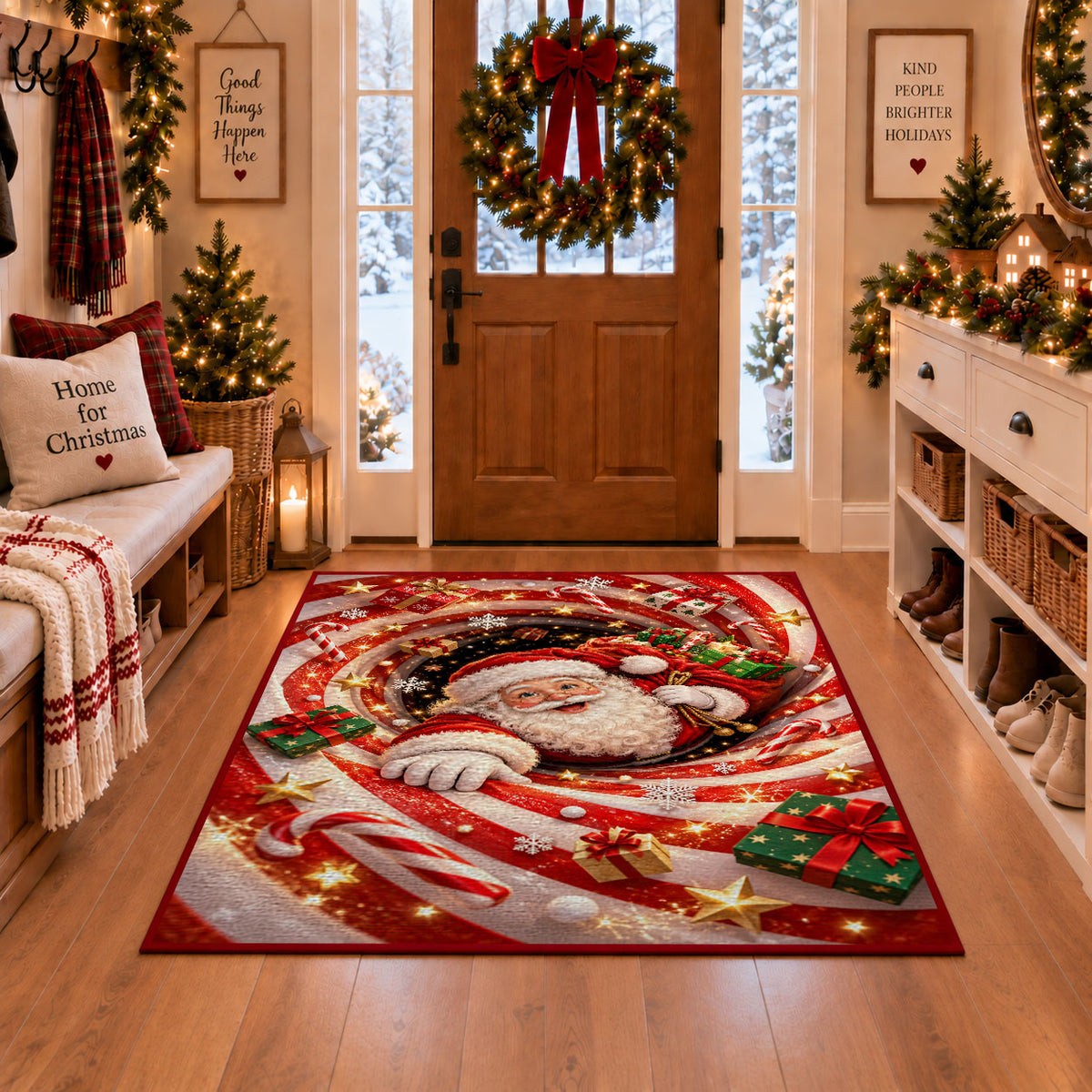 Santa peeks out of a sparkling candy cane spiral with a white-gloved hand resting in front; rug shown in a Christmas entryway