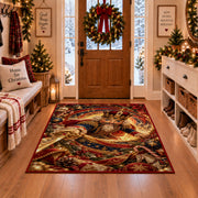 A decorative nutcracker soldier in an ornate red and blue uniform holds a golden sword within glowing spiral rings; rug shown in a Christmas entryway