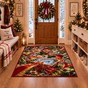 A cheerful elf rises above an open gift box spilling a blue and golden swirl; rug shown in a Christmas entryway