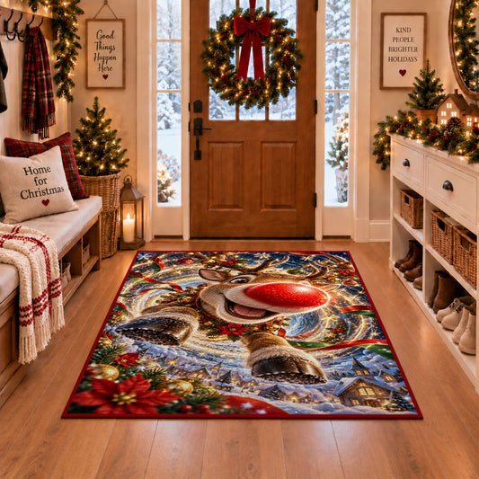 A playful reindeer with a bright red nose leaps forward above a snowy blue village; rug shown in a Christmas entryway