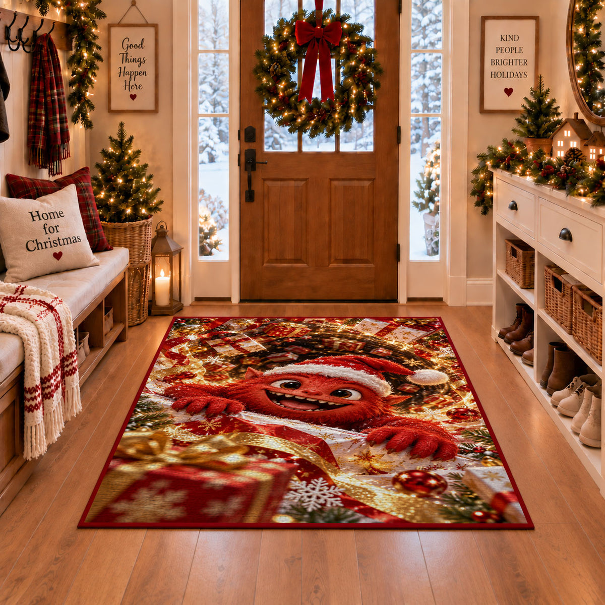 A friendly red furry monster wearing a Santa hat reaches through a glowing spiral of presents; rug shown in a Christmas entryway