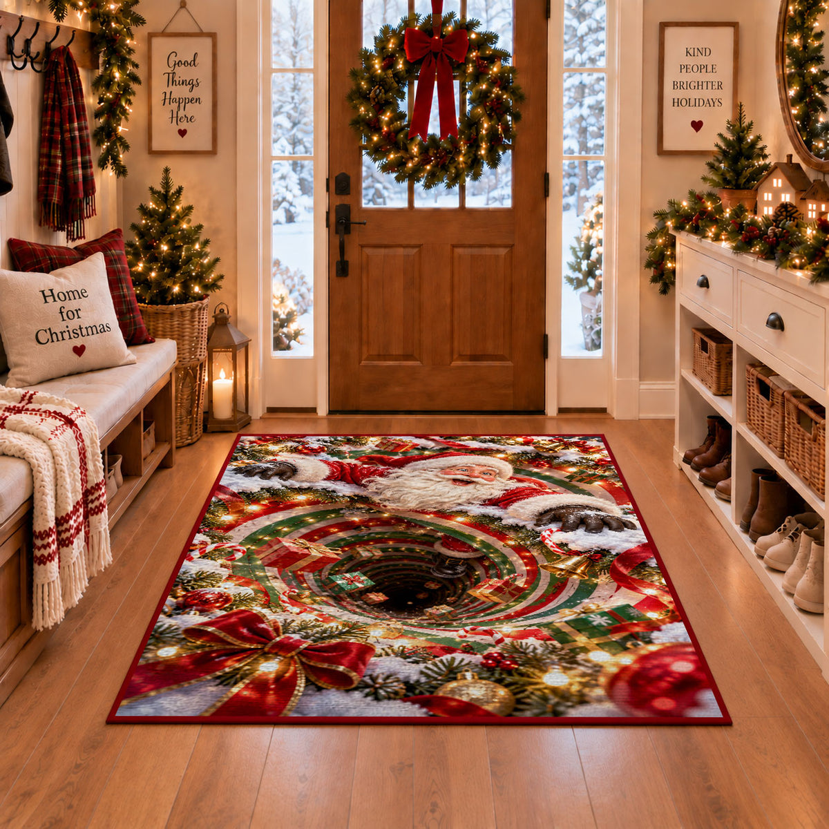 Santa appears above a deep red and green spiral edged with glowing golden lights; rug shown in a Christmas entryway