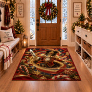 A red-uniformed nutcracker soldier holds a shining sword as it emerges from a golden spiral; rug shown in a Christmas entryway