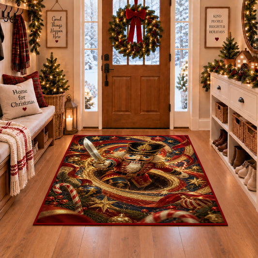 A red-uniformed nutcracker soldier holds a shining sword as it emerges from a golden spiral; rug shown in a Christmas entryway