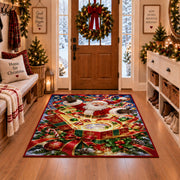 Santa rises above an open present filled with glowing golden spiral rings; rug shown in a Christmas entryway