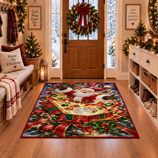 Santa rises above an open present filled with glowing golden spiral rings; rug shown in a Christmas entryway