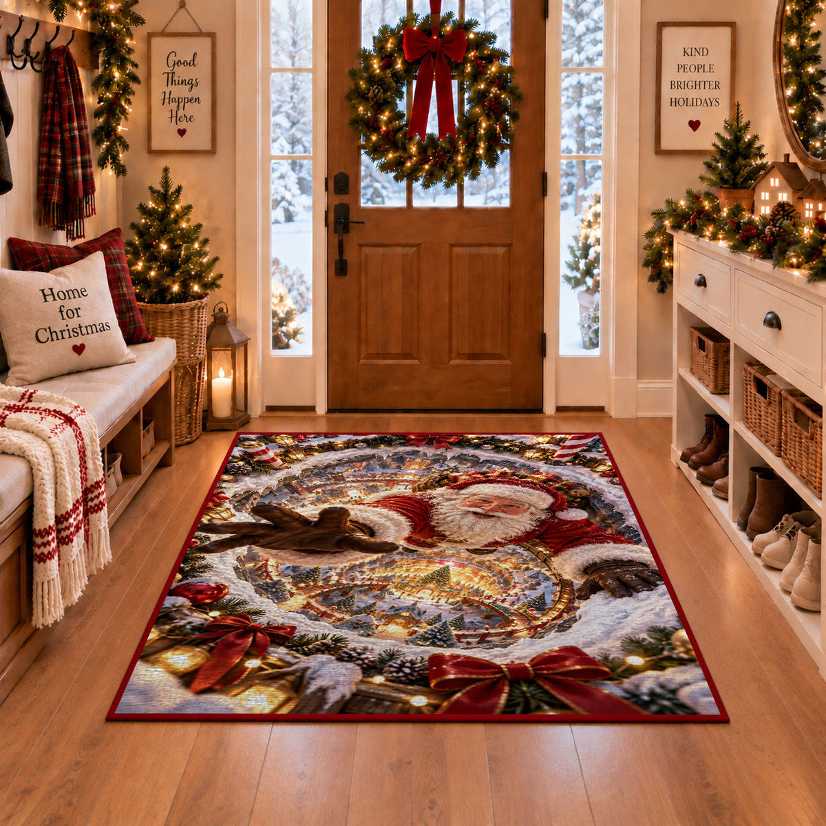 Santa reaches forward over a golden-lit winter village encircled by swirling snow; rug shown in a Christmas entryway