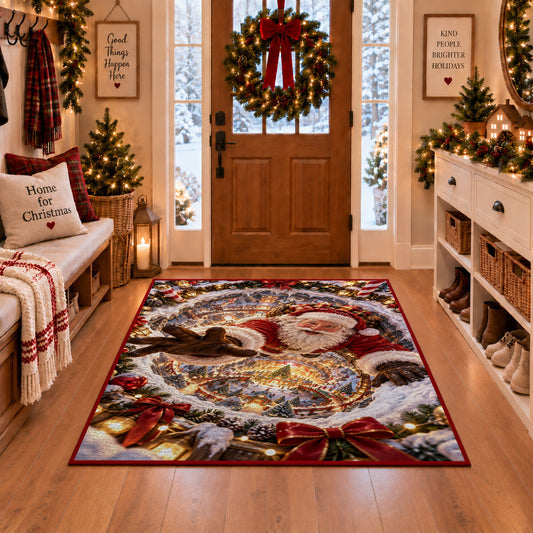 Santa reaches forward over a golden-lit winter village encircled by swirling snow; rug shown in a Christmas entryway