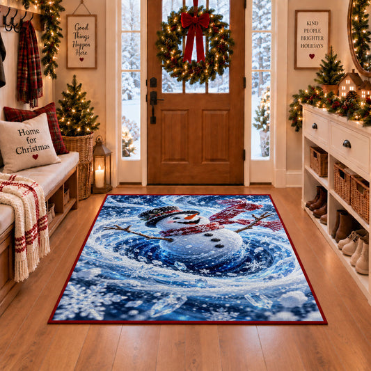 A smiling snowman in a black top hat and flowing red scarf stands within swirling snow; rug shown in a Christmas entryway