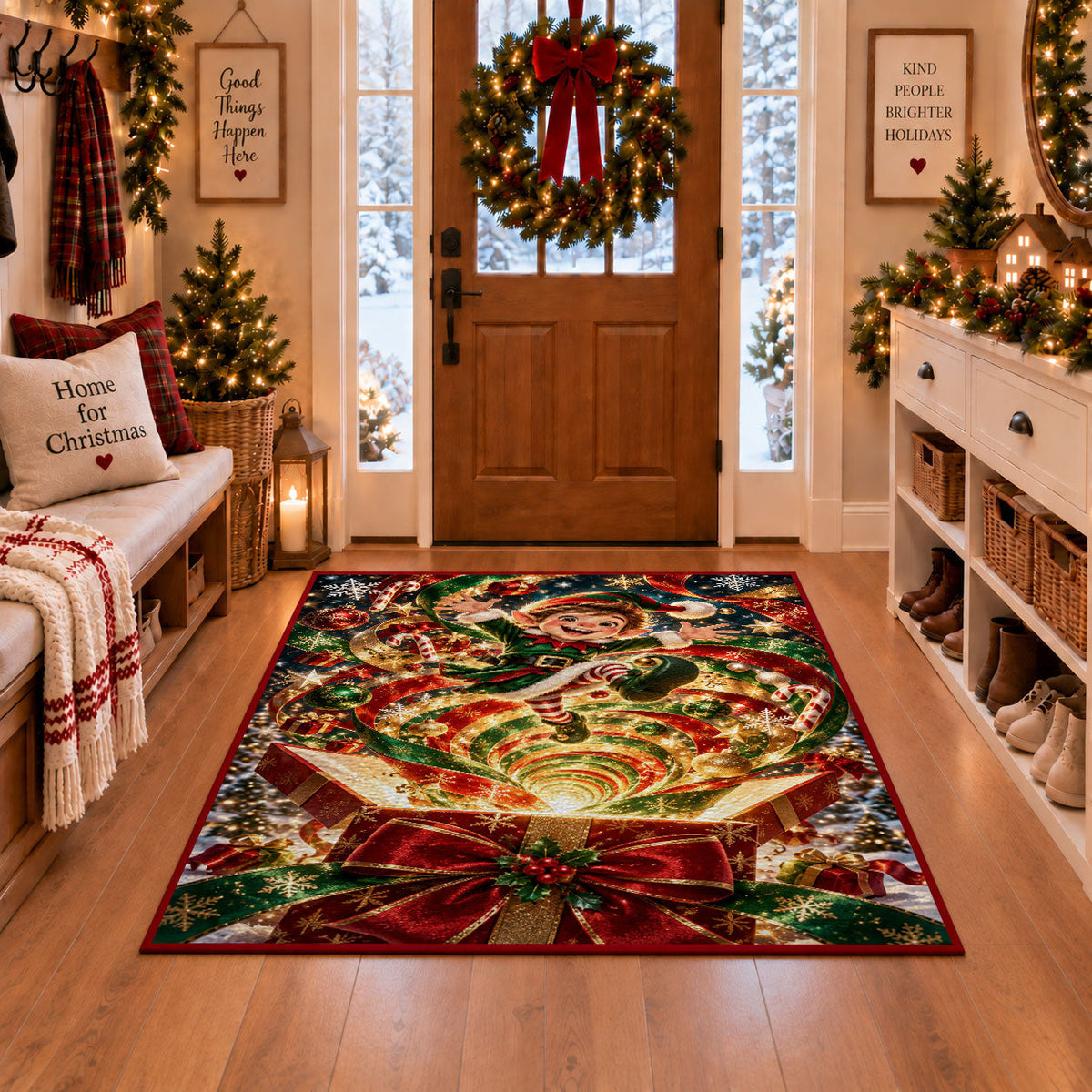 A smiling elf appears above a glowing gift box filled with green and golden swirls; rug shown in a Christmas entryway