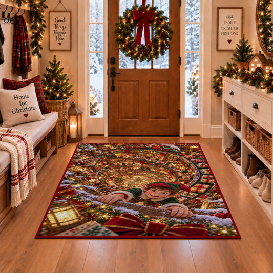 Christmas Elf Toy Workshop Rug in a Christmas entryway
