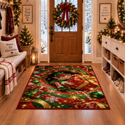 Christmas Elf Holding Gift Rug in a Christmas entryway