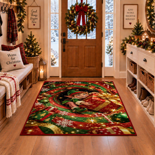 Christmas Elf Holding Gift Rug in a Christmas entryway