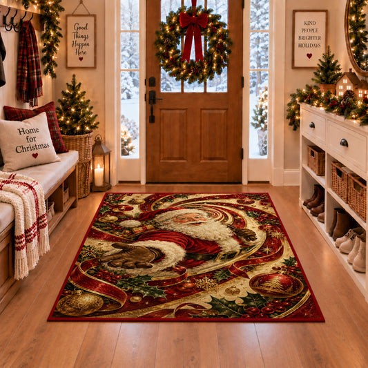 Vintage Santa Portrait Christmas Rug in a Christmas entryway