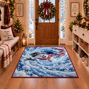 Snowman Blue Snowflake Spiral Christmas Rug in a Christmas entryway