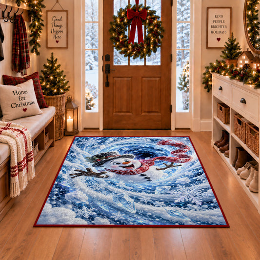 Snowman Blue Snowflake Spiral Christmas Rug in a Christmas entryway