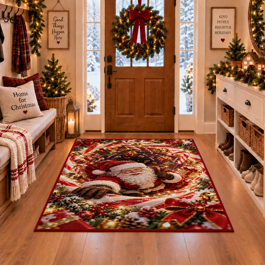 Santa Red Gold Christmas Spiral Rug in a Christmas entryway