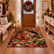 Christmas Elf Wrapped Present Rug in a Christmas entryway