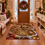 Christmas Elf Golden Workshop Spiral Rug in a Christmas entryway