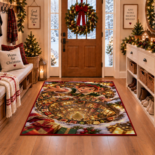 Christmas Elf Golden Workshop Spiral Rug in a Christmas entryway