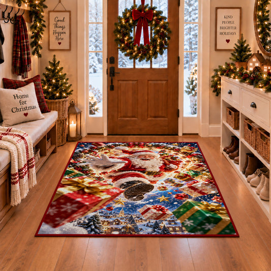 Santa Flying Presents Christmas Rug in a Christmas entryway