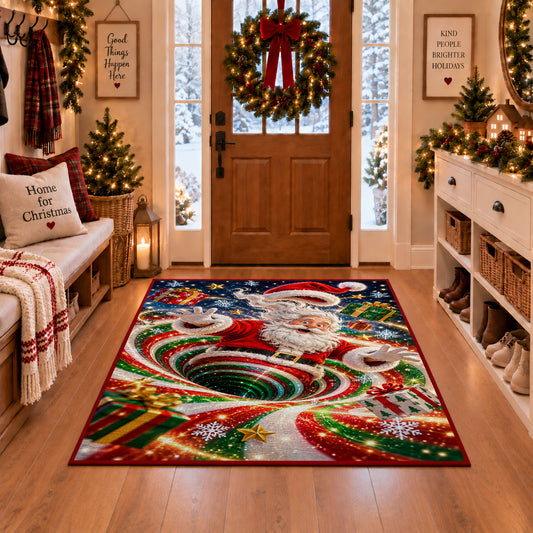 Santa Red Green Snow Spiral Christmas Rug in a Christmas entryway