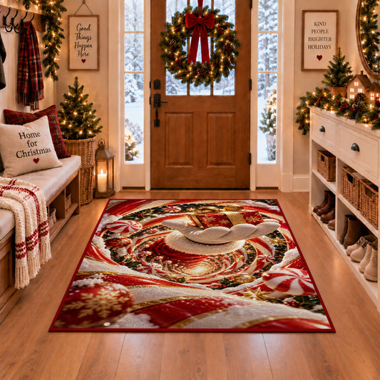 Golden Bell Christmas Rug in a Christmas entryway