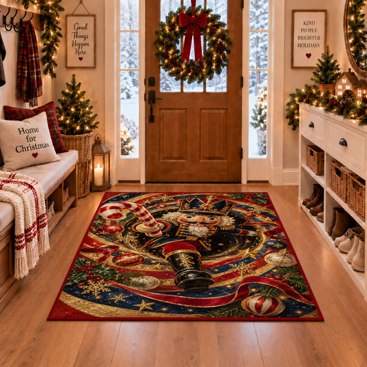 Nutcracker Christmas Rug in a Christmas entryway