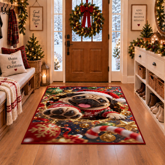 Santa Hat Christmas Rug in a Christmas entryway