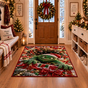 Green Holiday Monster Rug in a Christmas entryway