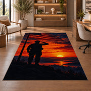 Soldier Salute Sunset rug in a home office with wooden shelves