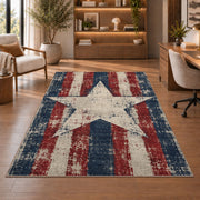 Distressed Americana Star rug in a home office with wooden shelves