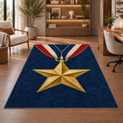 Gold Star Medal rug in a home office with wooden shelves
