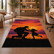 Soldier Homecoming rug in a home office with wooden shelves
