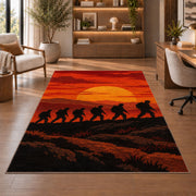 Soldiers March Sunset rug in a home office with wooden shelves